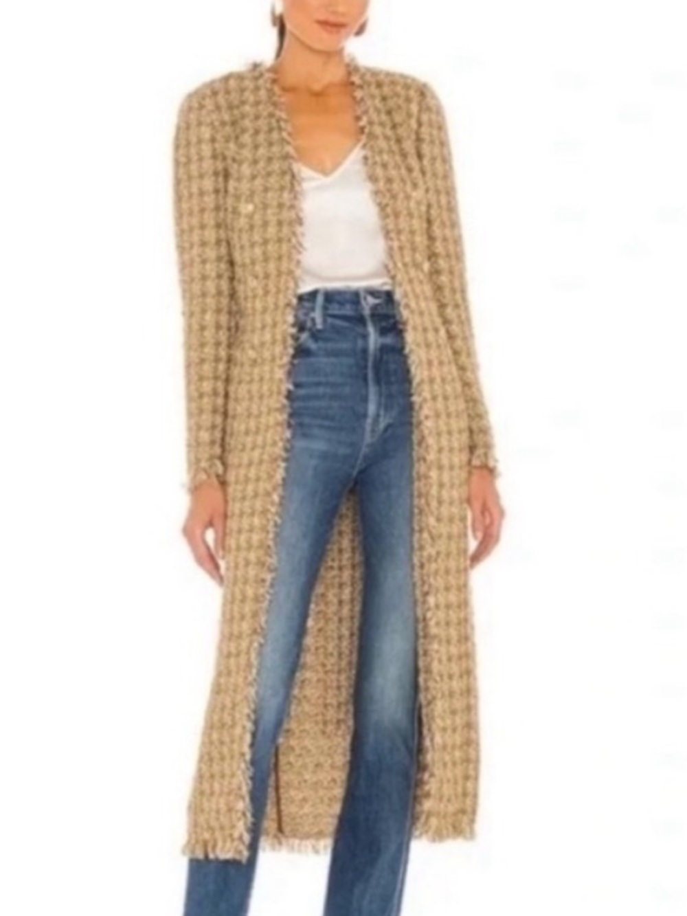 House of Harlow 1960 Duster Long Cardigan Tweed Fringe Gold